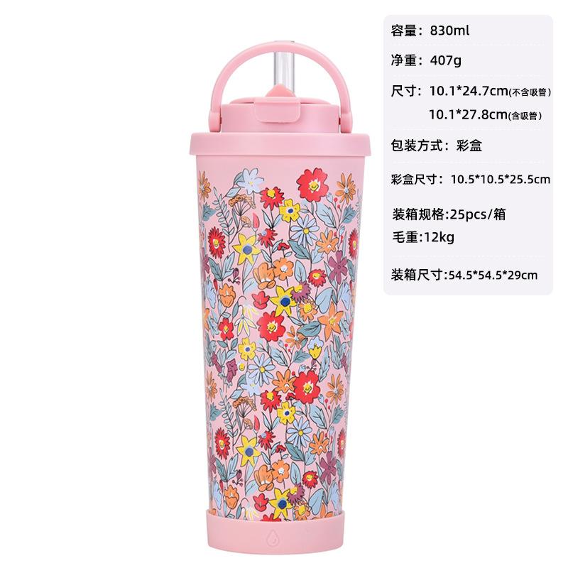 Large Capacity Thermos Cup Wide Mouth Portable Outdoor Sports Kettle Straw Cup Set Printed Water Cup