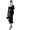 French Niche High-end Sense Sexy One-word Shoulder Lace Splicing Pure Desire Spice Girl Royal Sister Style Slim-fitting Hip-wrapped Dress