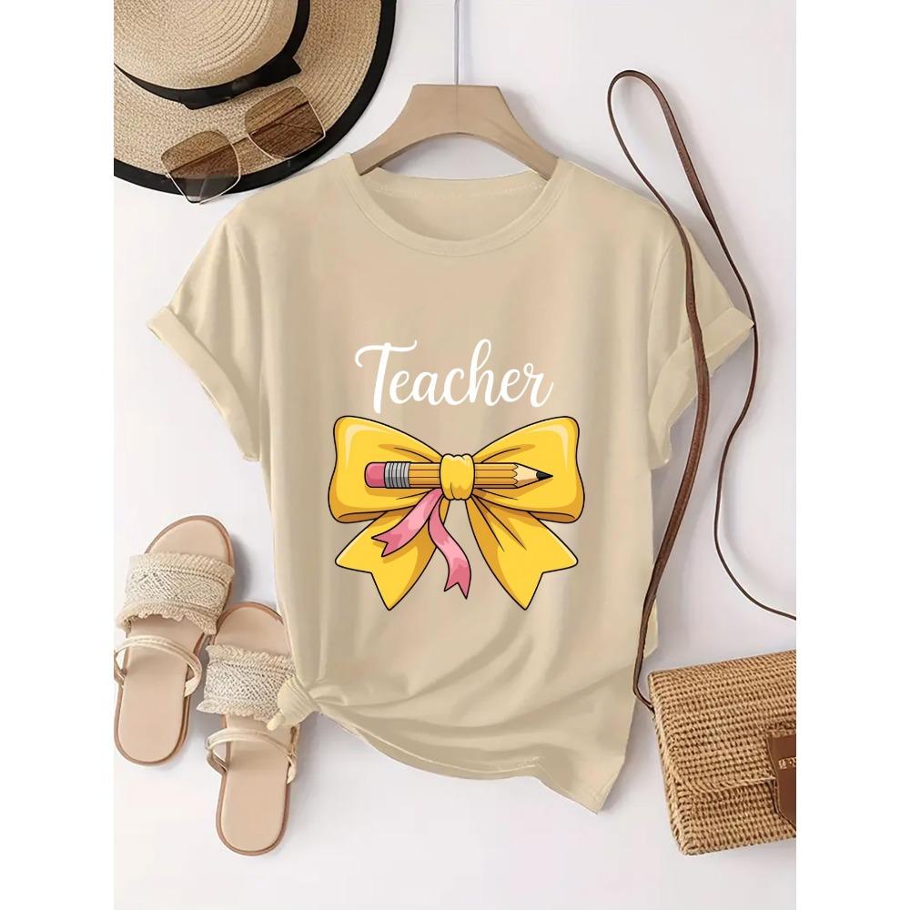 Yellow Bow and Pencil Pattern Fun Teacher Theme Pattern Printing Casual Daily Round Neck Sleeved Spicy