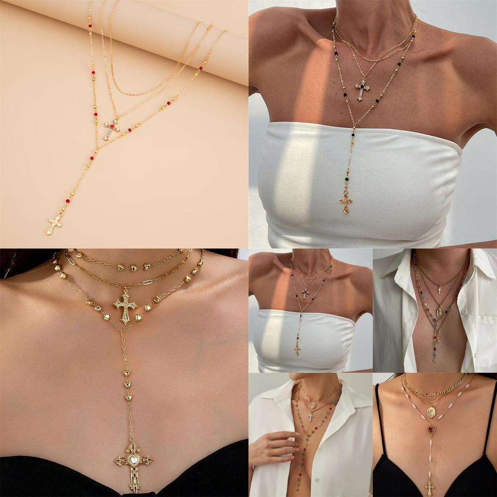 Cross Pendant Necklace For Women With Layered Y Design And Fringes