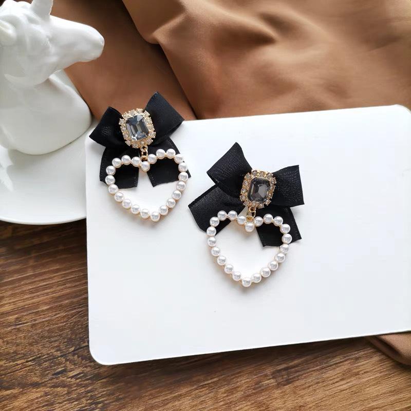 925 Silver Bowknot Heart Earrings with Pearl Lace - Korean Style Women s Stud Earrings