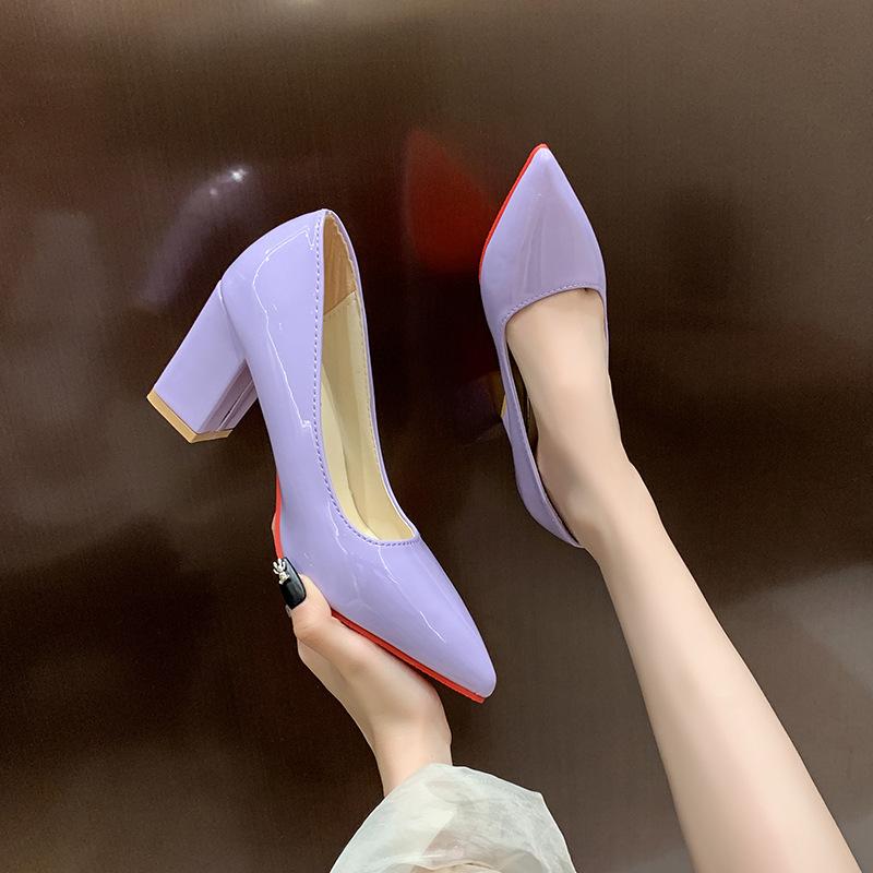 Candy color thick-heeled women's shoes spring and autumn new career interview tooling high-heeled shoes pointed feet commuter shoes