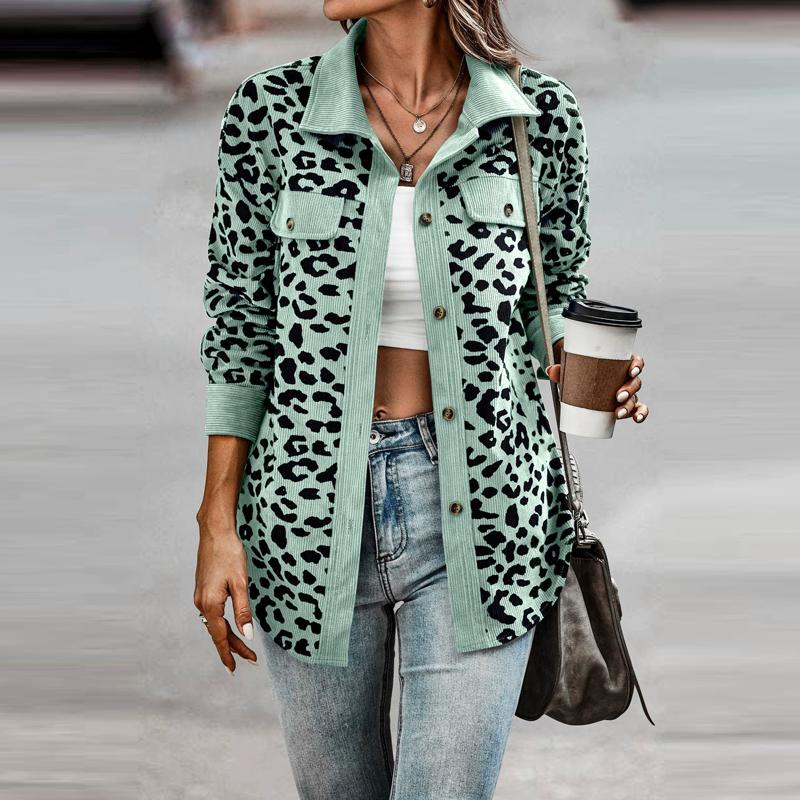Flip Collar Cardigan Long Sleeved Leopard Printed Coat Women's Button Up High Street Fashion Autumn Jacket