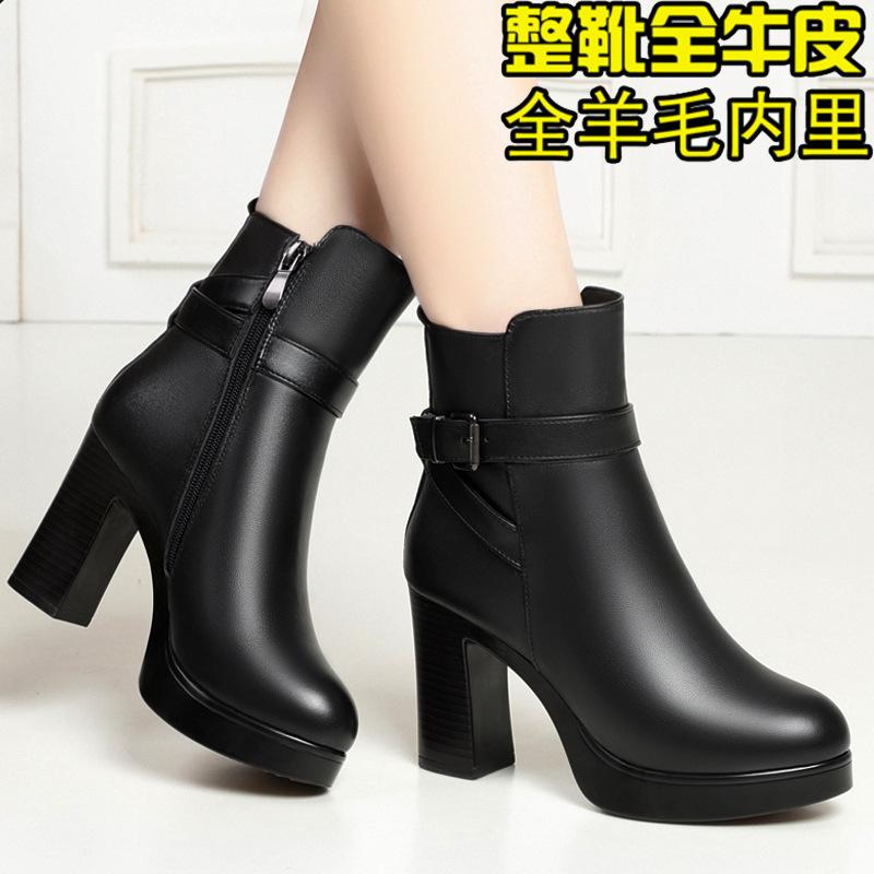 Winter new leather thick heel women's boots short boots women's high heel waterproof table warm wool cotton boots cowhide women's cotton shoes