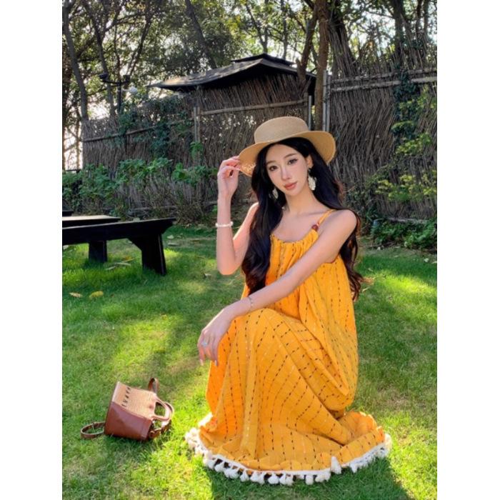 Yellow Tassel Suspender Dress for Women's Summer High-end Feeling Super Good-looking Seaside Vacation Dress