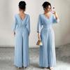 2026 New Model, Commuting European and American Style, Fashionable and Elegant Solid Color V-neck Long-sleeved Waist Pleated Jumpsuit, Leg Pants, 