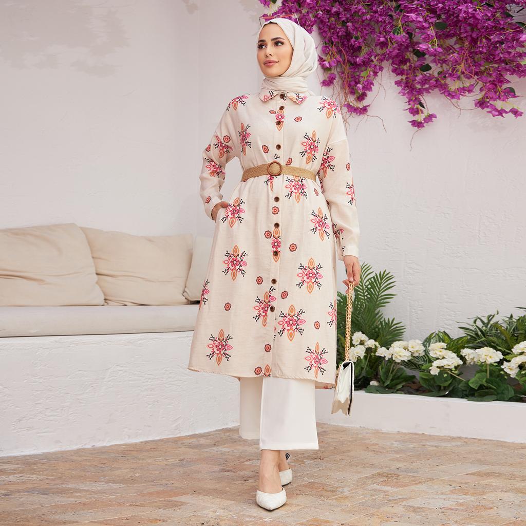 Straw Belt Women Linen Tunic Pocket Islamic Muslim Patterned Abaya Model  Casual Summer Turkish Made Buttoned Judge Collar  buy the best products in  the Ayzeze online store