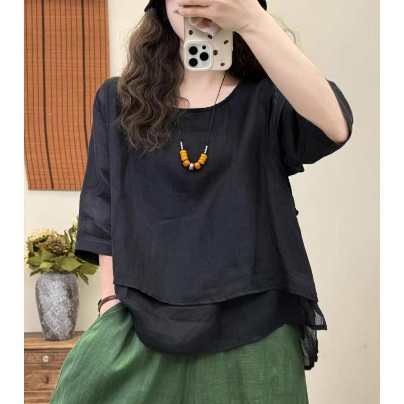 Women Green Square Neck Double Layer Three Quarter Sleeve Linen Blend Loose Blouse