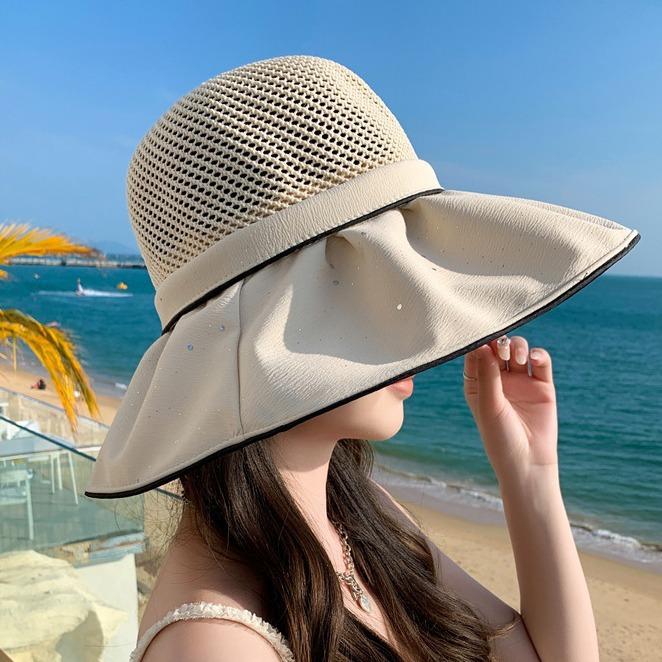 Beach New Hats for Women Knitted Mesh Breathable Fisherman Hat Sequins Colored Glue Sun Protection Sun Hat Summer Sun Hat