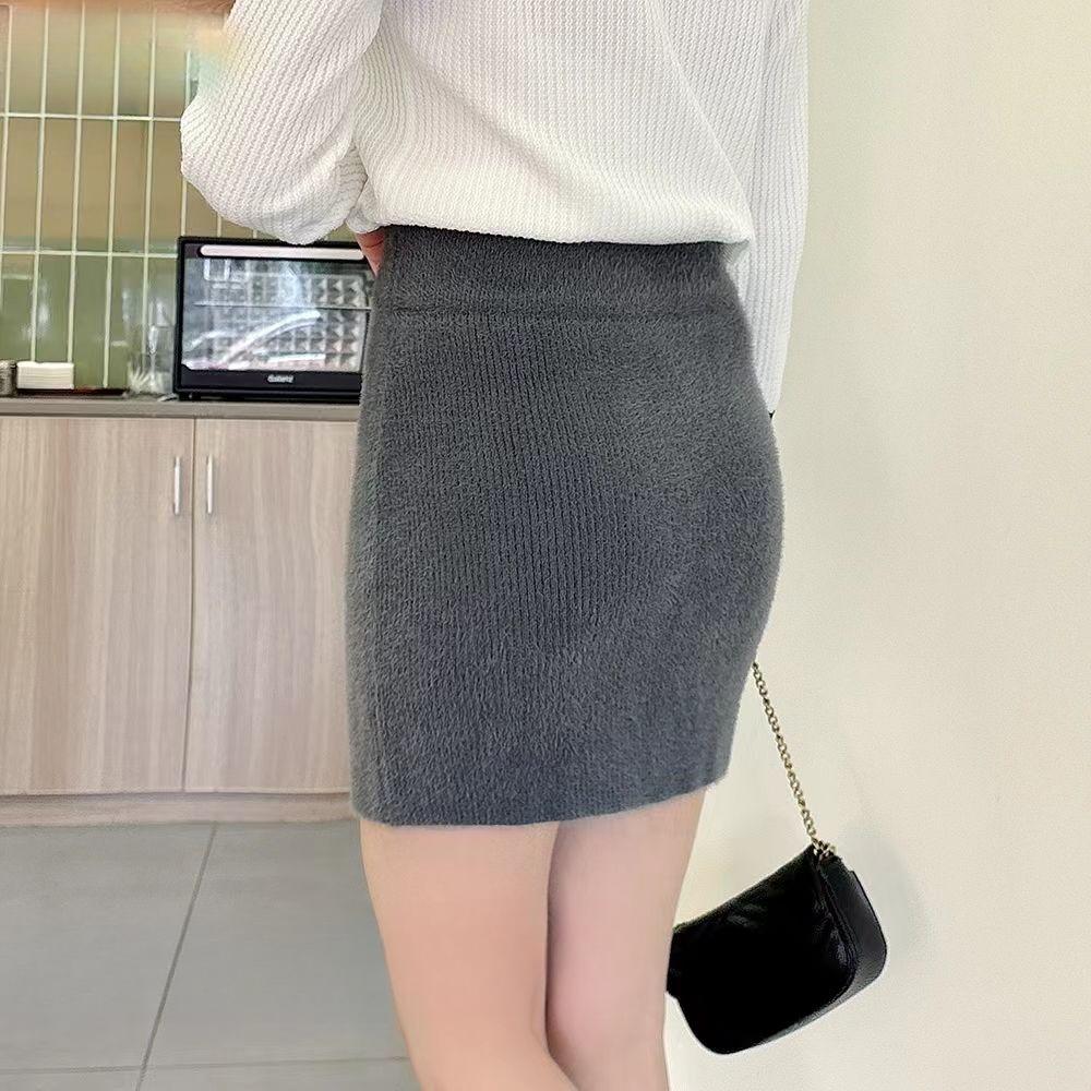 Mink Velvet Hip Skirt Women's Autumn and Winter New High Waist Slim Skirt Without Slit Hip Skirt