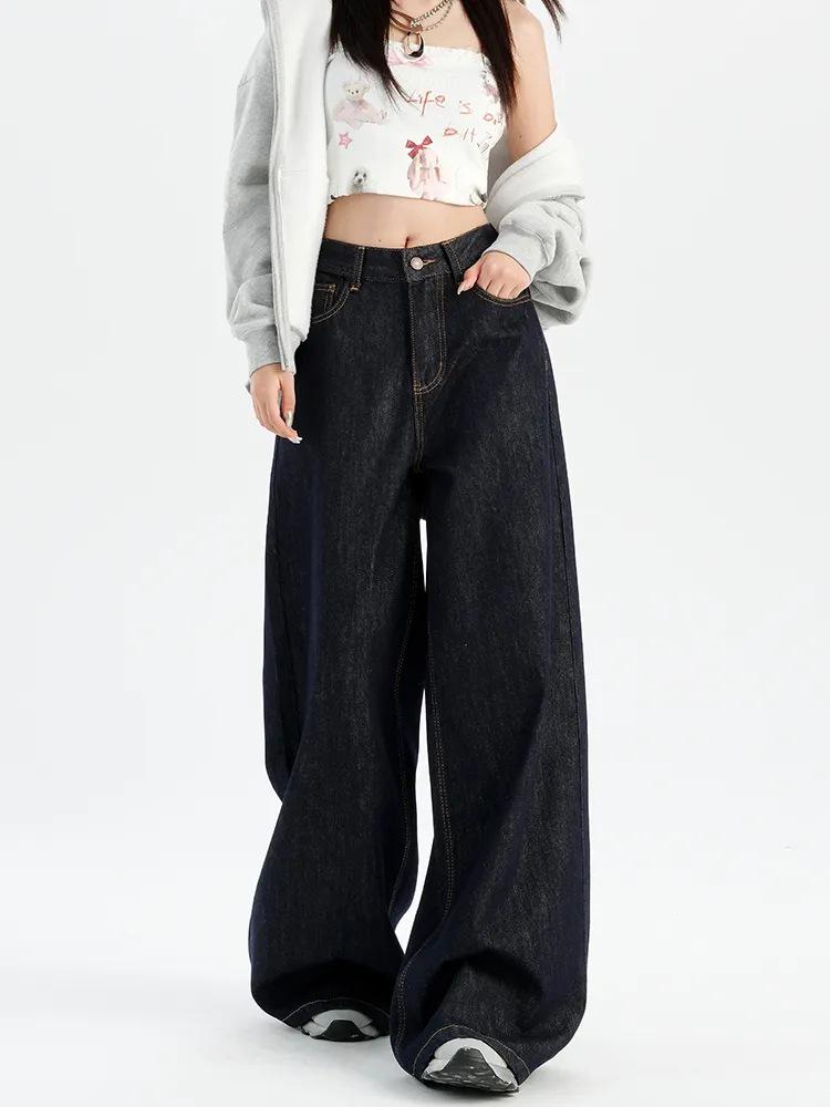 

Женские джинсы с высокой посадкой, темно-синие, широкие штанины - весенне-осенние, стройнящие, свободного кроя L темно-синий