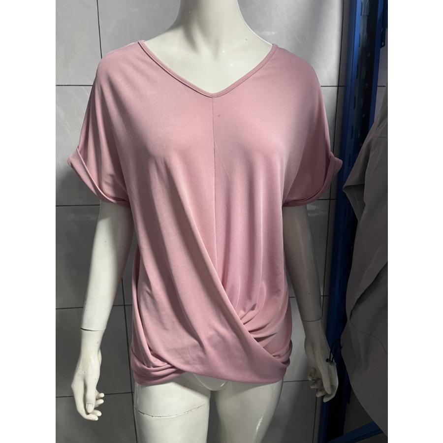 Elegant Short Sleeved Top for Spring and Summer Solid Color V-neck Women's T-shirts