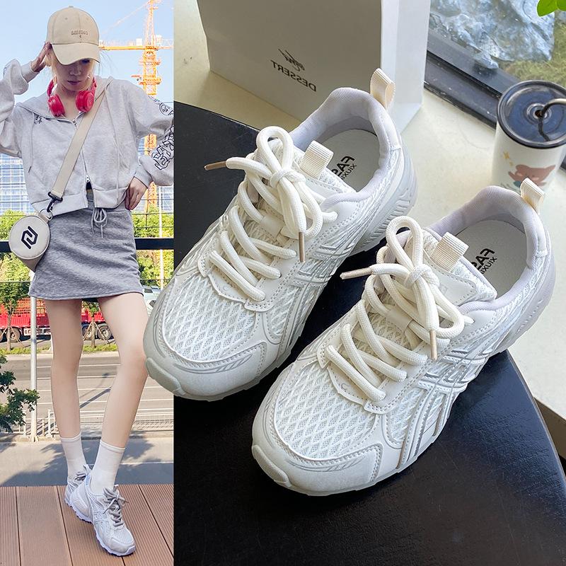2025 New Korean Version of Leather Mesh Breathable Color Matching Casual Shoes Women's Versatile and Lightweight Sports Forrest Gump Shoes