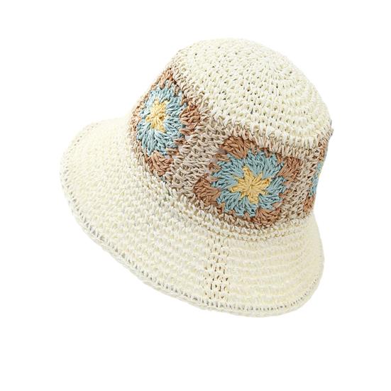 Straw Hat Bohemian Floral Pattern Foldable Beach Hat Wide Brim Hollow Design Bucket Hat Breathable Summer Accessory