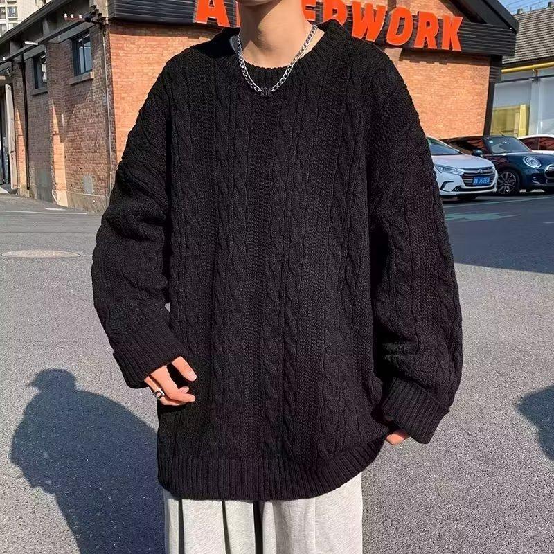 Pullover Sweater Men's Autumn and Winter Solid Color Simple Retro Crew Neck Knitted Sweater Lazy Wind Twist Thread