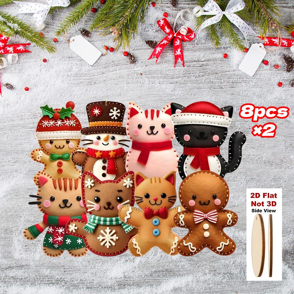 8pcs 2D Flat Gingerbread Cat Tree Toppers -Christmas Ornaments with Hanging Loop Artificial Wood Holiday Decoratio for Xmas Tree