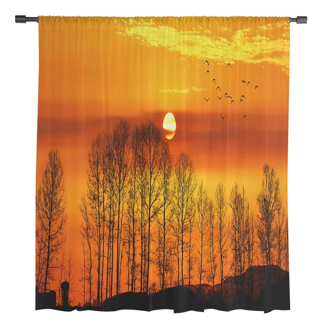 Sunset Woods Bird Silhouette Window Curtain for Bedroom Sheer Curtain for Living Room Luxury Tulle Curtain for Kitchen