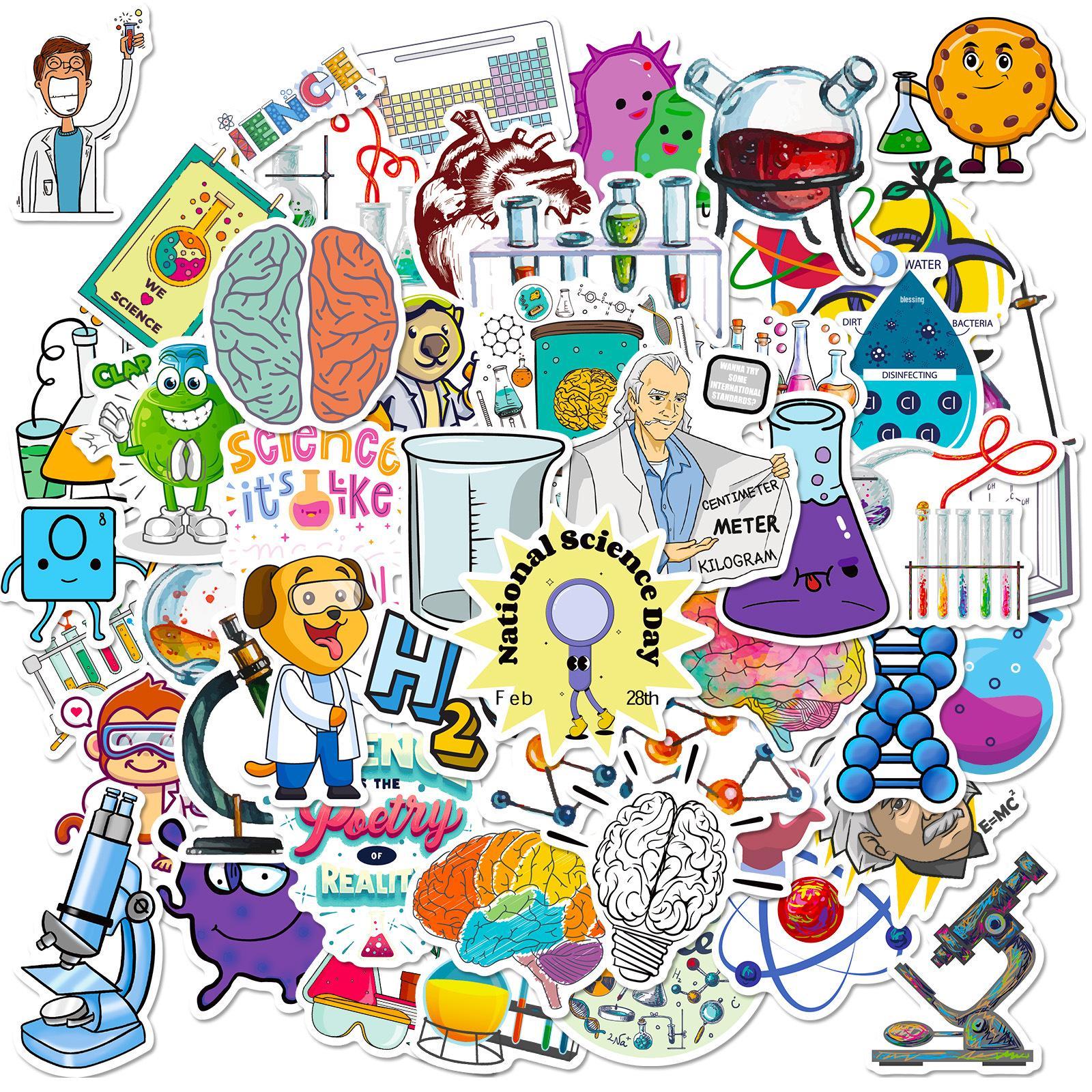 50 Experimental Apparatus Stickers: Physical Chemistry Equipment, Cartoon Designs, Pharmacist Symbols, and Chemical Equations.
