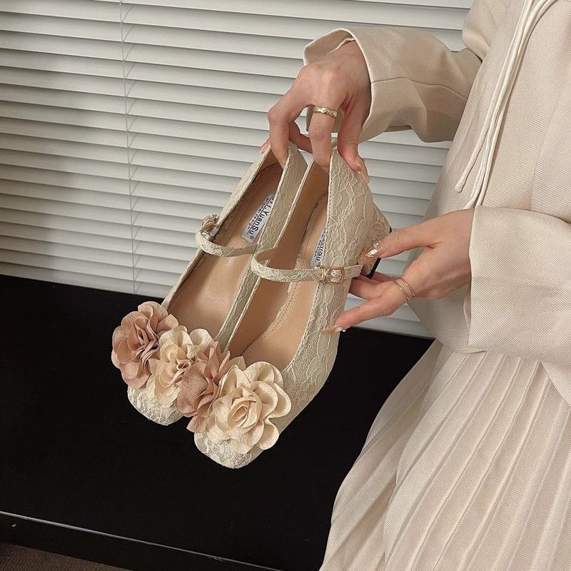 Flowers Women's Shoes Block Heel Apricot Square Toe Ladies Pumps Genuine Mark Footwear Stylish Non Slip Luxury Brand Vacation 39