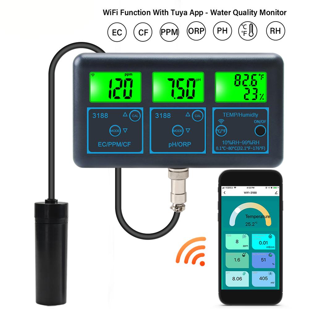 Tuya WiFi 7in1 Water Quality Tester Multi-Parameter Water Analyzer Digital Display PH/ORP/EC/PPM/CF/Humidity/Temperature Monitor