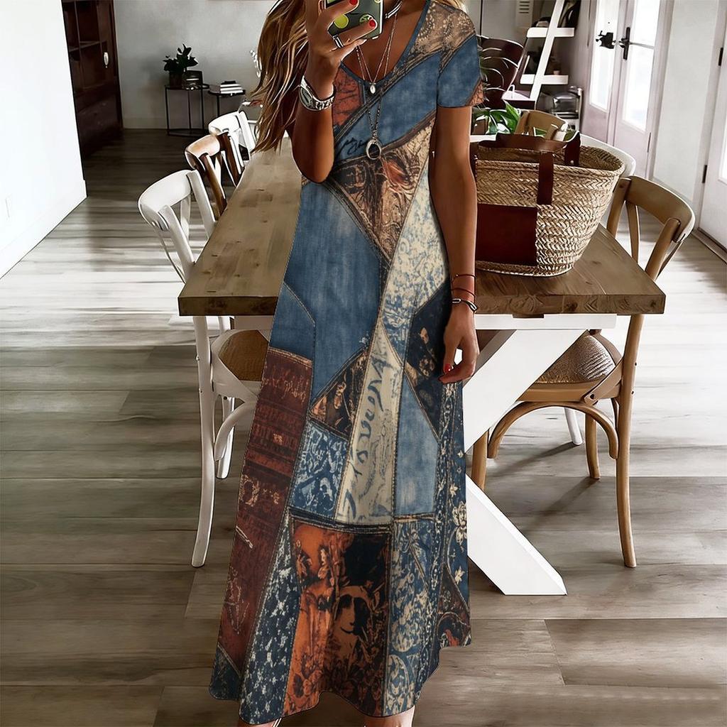 Women Plus Size V Neck Short Sleeve Printed Long Straight Dress White Purple