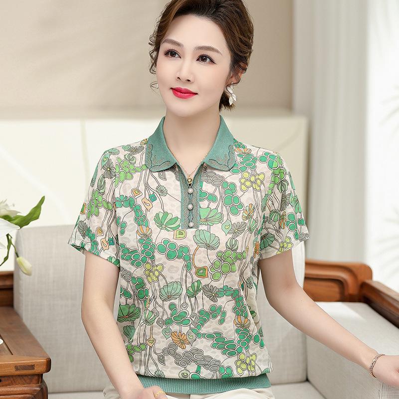 

Stylish Ice Silk Short-Sleeve T-shirt for Middle-Aged Women - Age-Defying Summer Wear XL (suitable for 100-110 jin) зелёный