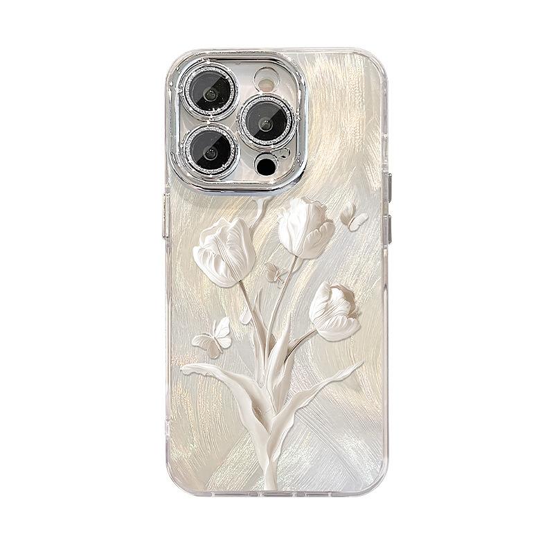 The White Tulip Chain Is Suitable for The Apple 16pro Tulle Phone Case with Bracket 15 High-end Feel 14/13 Lens Film