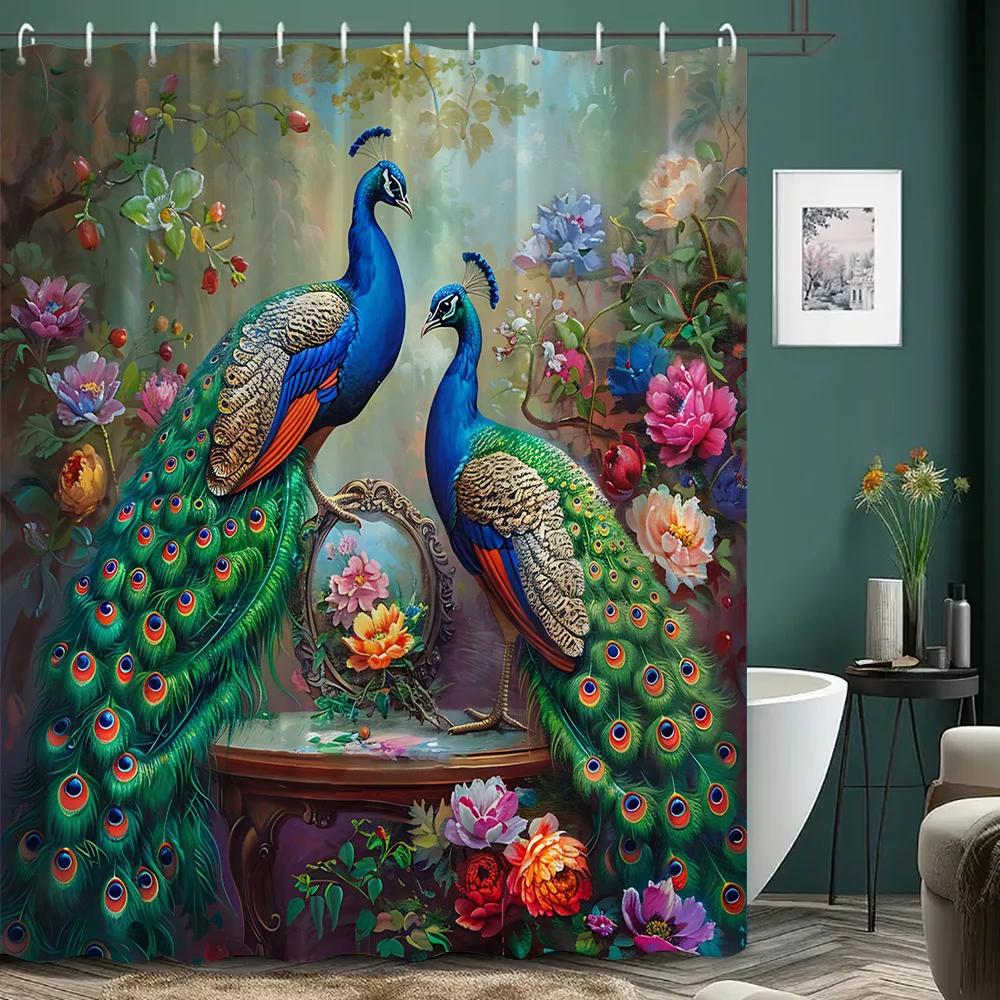 Beautiful Peacock Shower Curtain Blooming Flower Botanical Watercolour Artistic Creation Polyester Shower Curtain Bathroom Dec