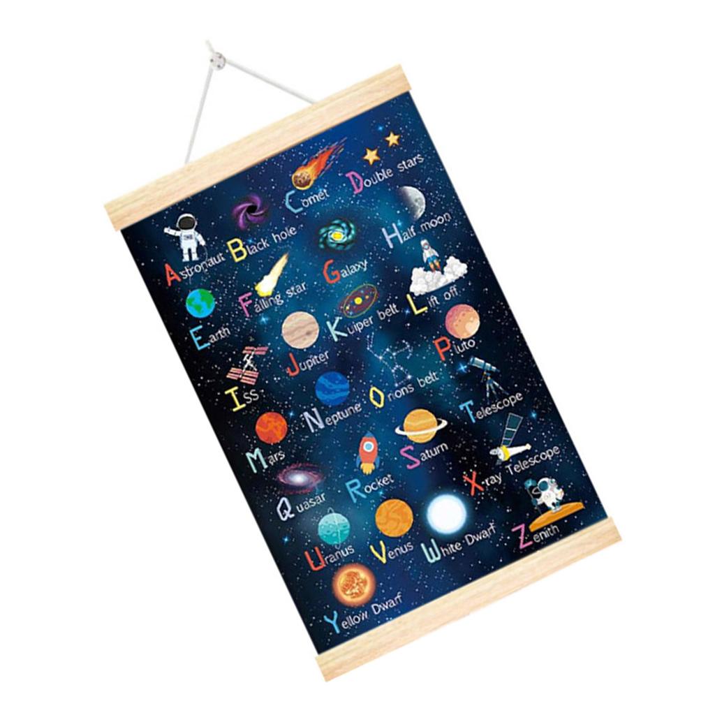Space Room Decors Planet Solar Alphabets System Poster with Wood Frame for Kids Room Nursery Classroom Wall Art Decors