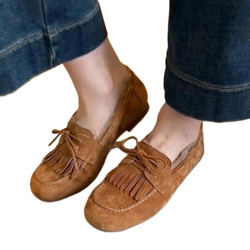 Fashion Shoes for Women 2024 Hot Sale Warm Women's Flats Daily Casual Flats Women Bow Tie Fringe Round Toe Soft Bottom Shoes Ladies
