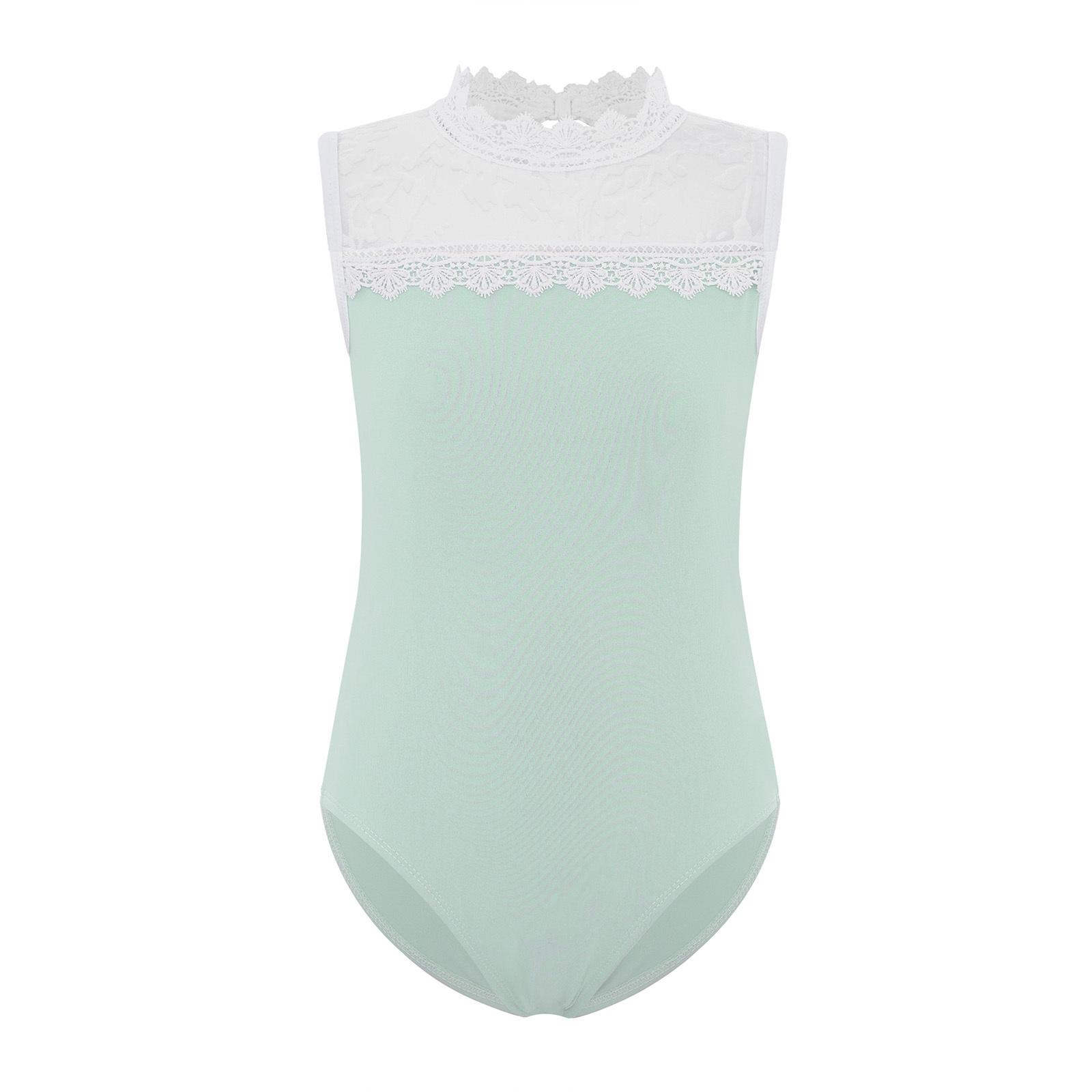 

Girls Gymnastics Bodysuit Delicate Lace Collar Sheer Mesh Patchwork Design Sleeveless Leotard 9-10 Years світло-зелений колір