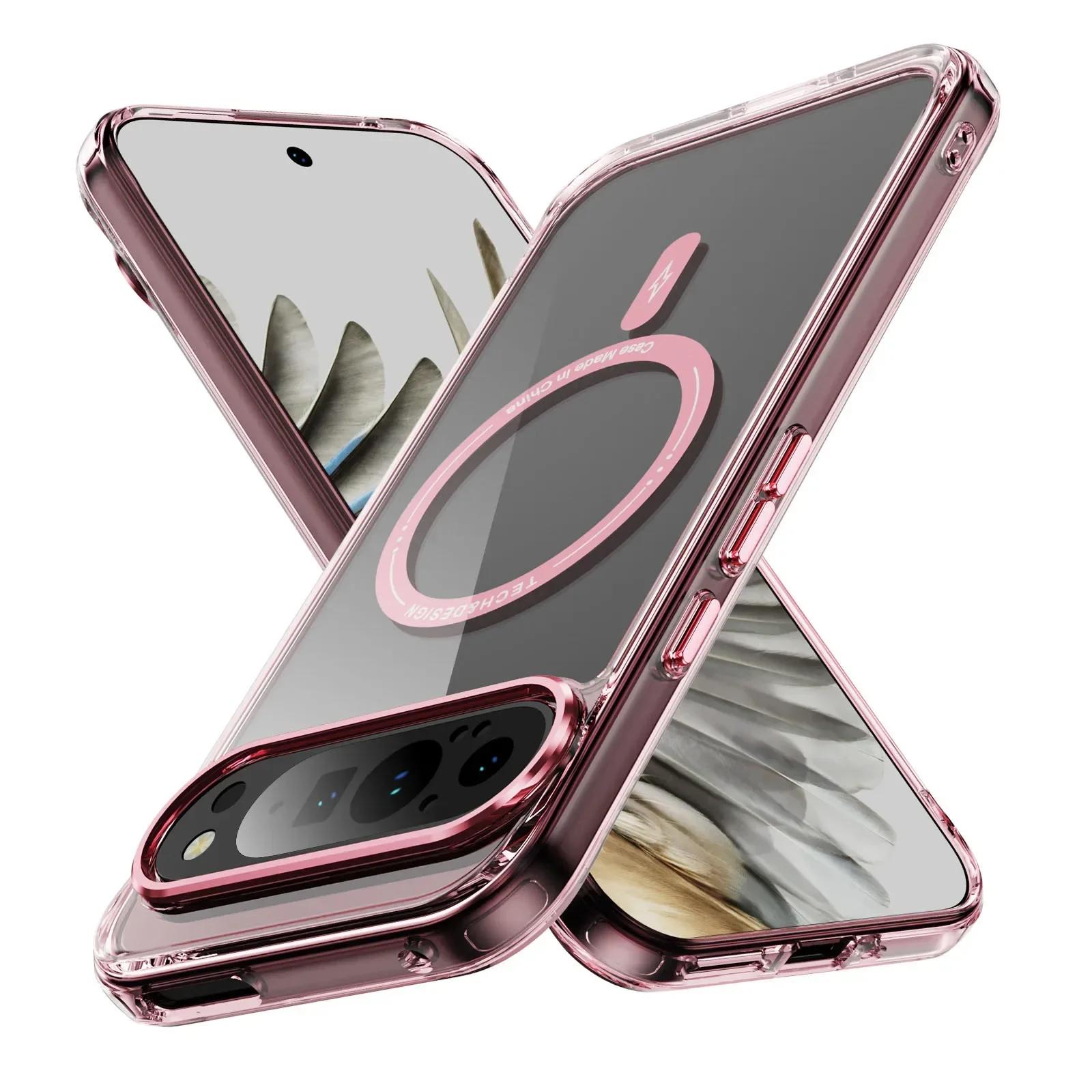 

Non-Yellowing for Magsafe Shockproof Acrylic Phone Case for Google Pixel 9 Pro XL 10 9A 8 Hard Magnetic Wireless Charging Cover for Pixel 10 Pro XL рожевий