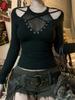 Y2K Tmavý síťovaný patchworkový slim fit sexy průsvitný top s dlouhým rukávem a výřezy