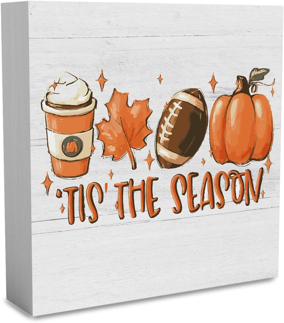 

Season Pumpkin Wood Box Sign, Farmhouse Retro Fall Artwork Decor Autumn Harvest Thanksgiving Wooden Square Sign Desk Block Signs белый
