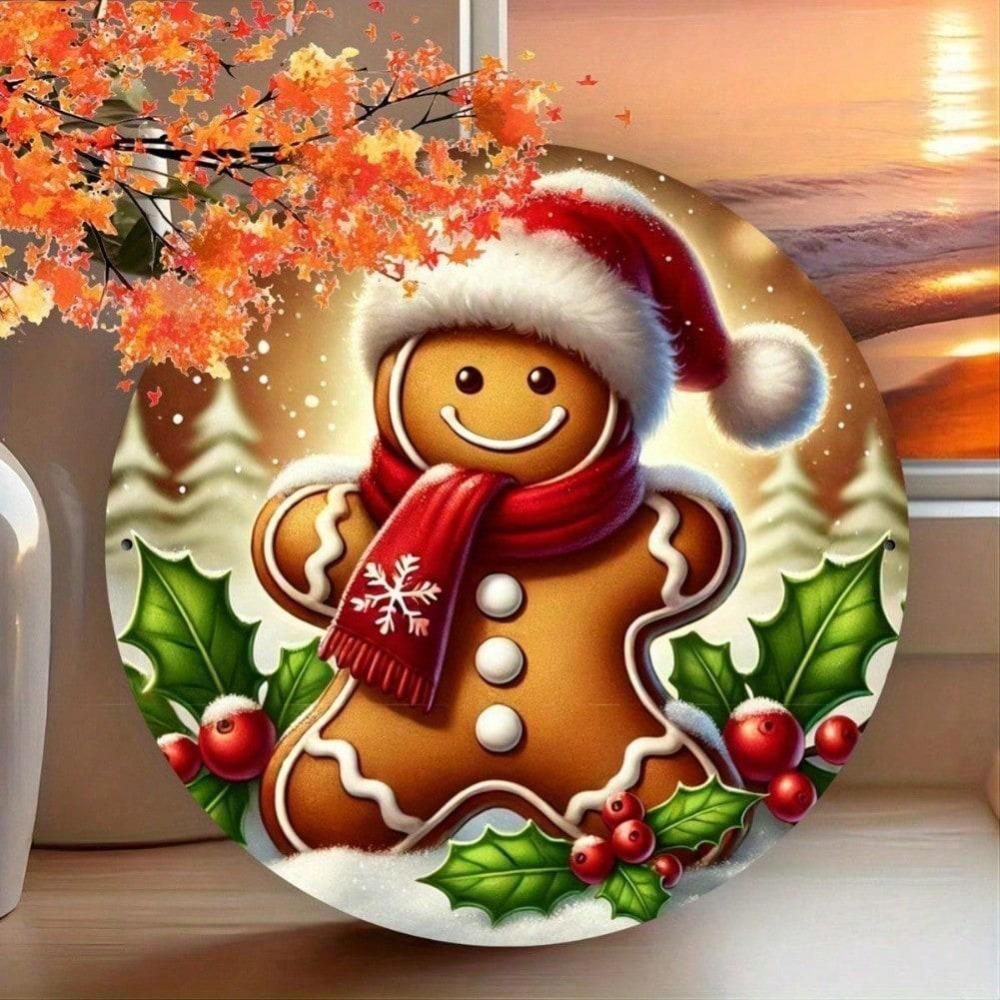 Christmas Gingerbread Man Tin Sign - Durable Metal Wall Art for Home, Garage, Bar, Cafe Decor, 2D Flat Print Holiday Plaque
