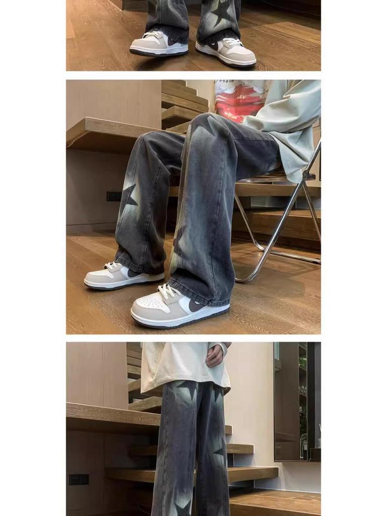 Unisex Korean Street-Style Elastic Waist Dark Star Jeans - Trendy, Loose Straight-Leg for Spring and Autumn