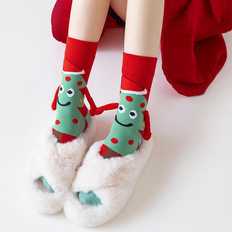 1 Pair Santa Claus Christmas Tree Cotton Stockings Christmas Magnetic Suction Hand In Hand Socks Unisex Holding Hands Long Socks