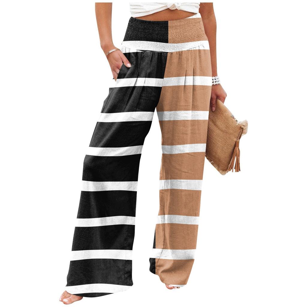Women's Summer Elastic Waist Striped Printed Cotton And Linen Loose Trousers