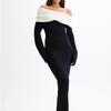 Damen Strick Langarm One-Shoulder Midi-Kleid Mit Colorblock-Design Hoher Bund Eng Anliegend Bodycon Stil Urbaner Schicker Look