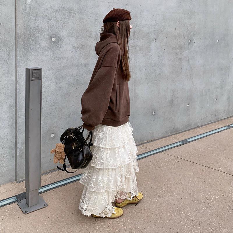 Spring French Embroidered Layered Ruffle High-Waist Long Skirt for Women