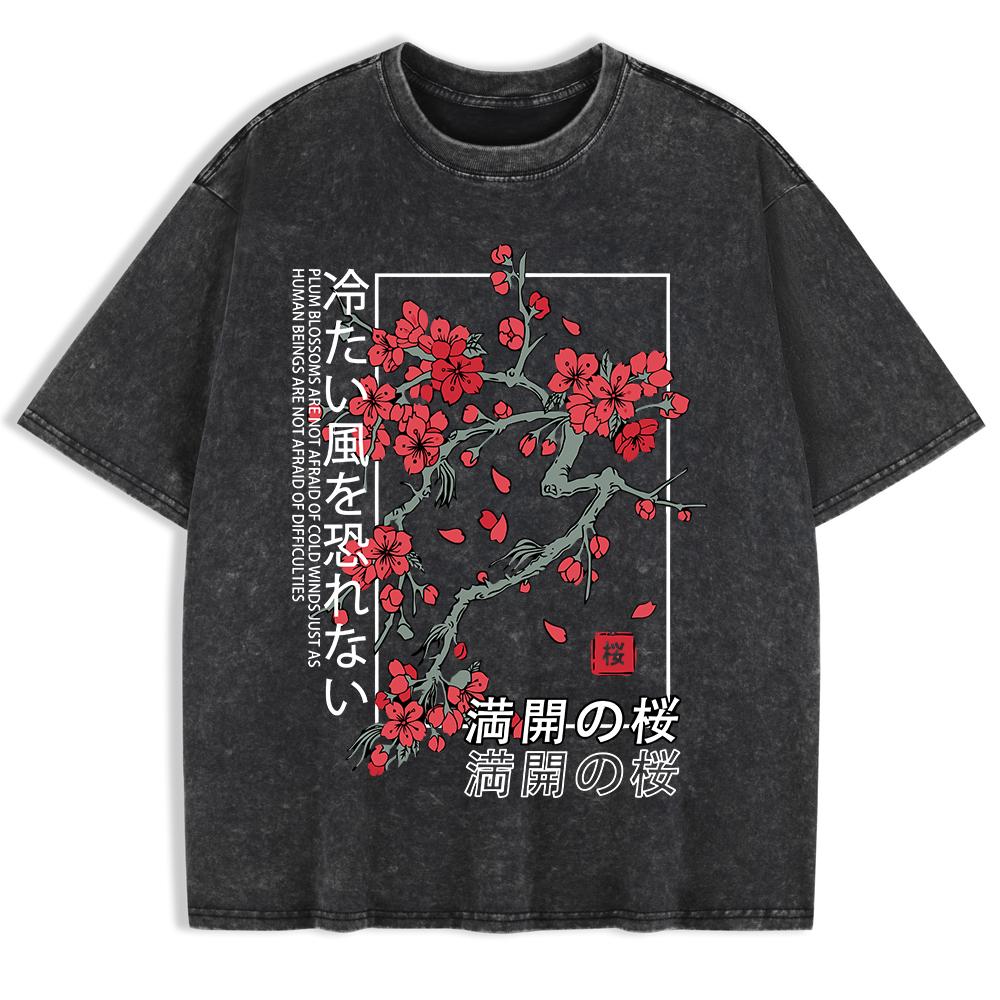 Japan Tokyo Körsbärsblomma Tryckta Tvättade T-shirts Herr Bomull Kortärmade Toppar Sommar Rund Hals Överdimensionerad T-shirt Kläder
