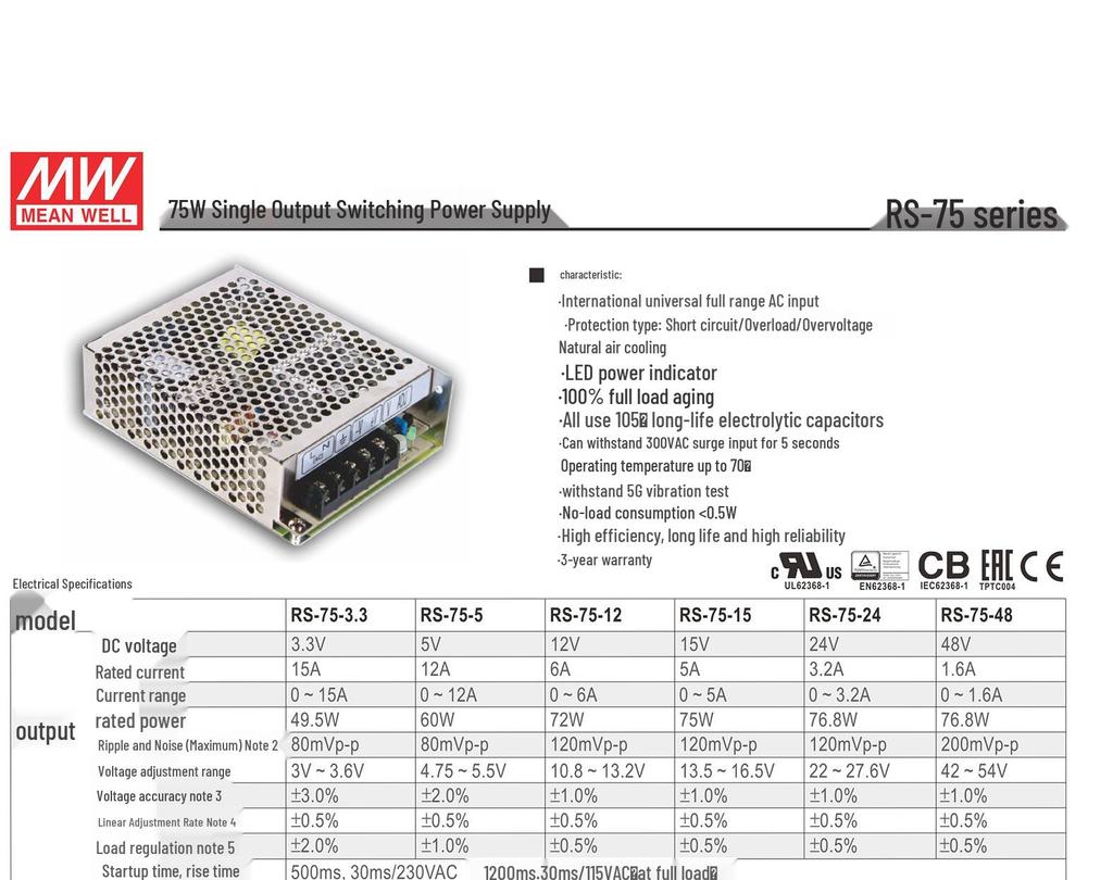 Mean Well RS-75 Switching Power Supply: 3.3V/5V/12V/15V/24V/48V, 75W Regulated Transformer S-50