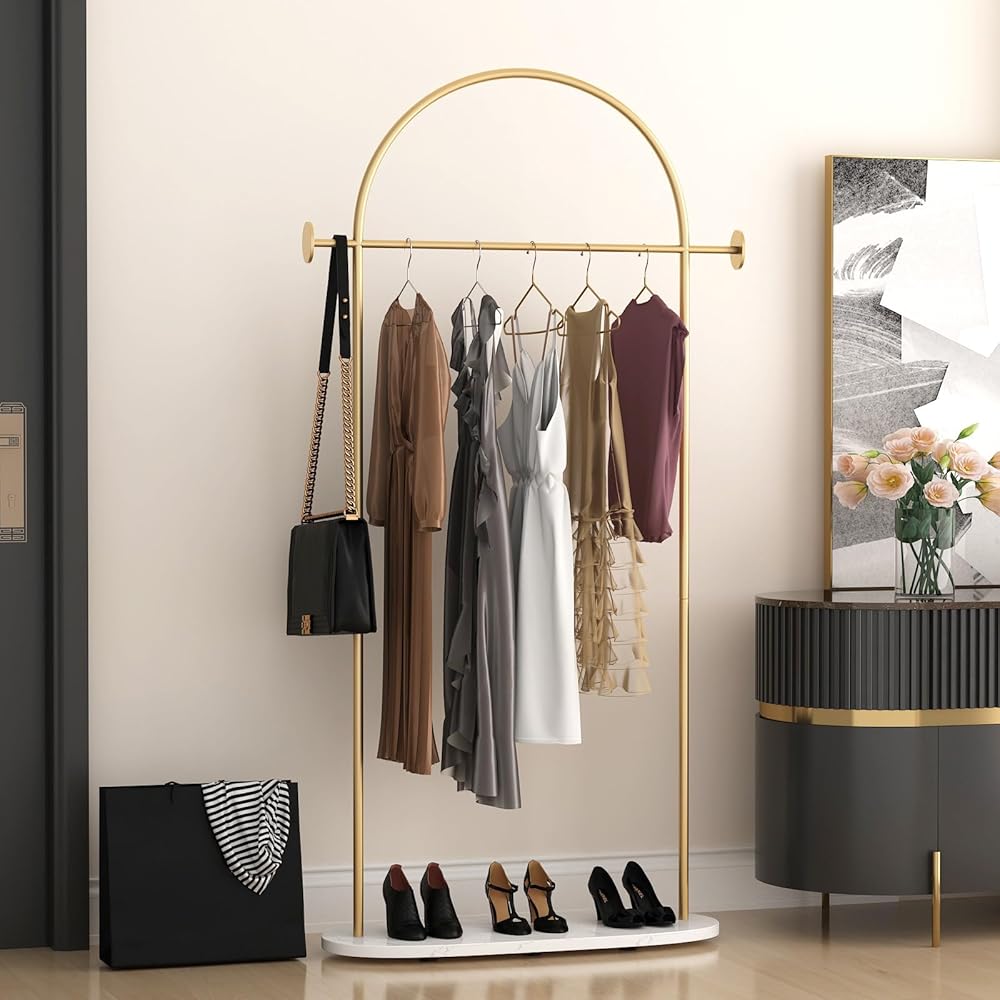 Gold Clothing Rack, Modern Clothes Ra With Shelf, Heavy Duty Freestanding Coat Rack, Metal Coat Hanger Stand With Hooks For