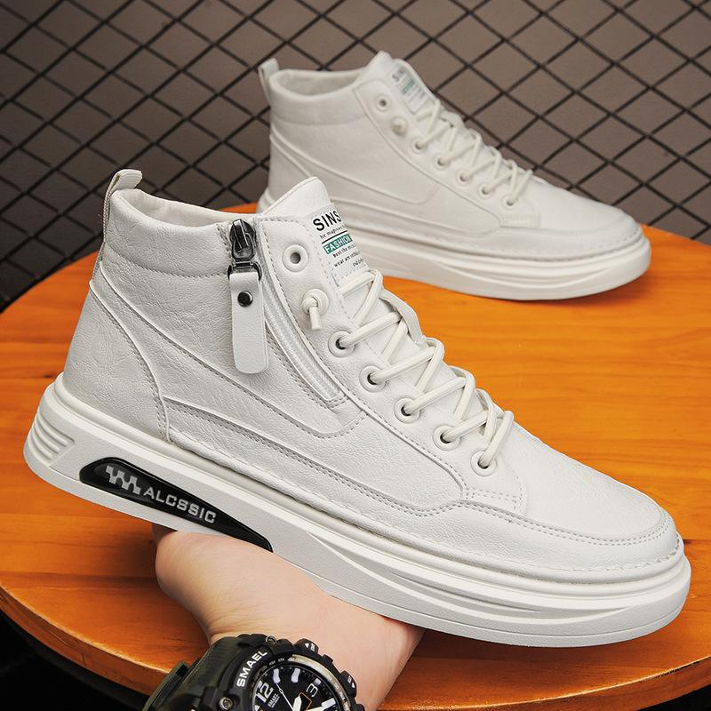 High-top men's shoes winter velvet warm cotton shoes men's casual leather shoes leather surface waterproof middle top