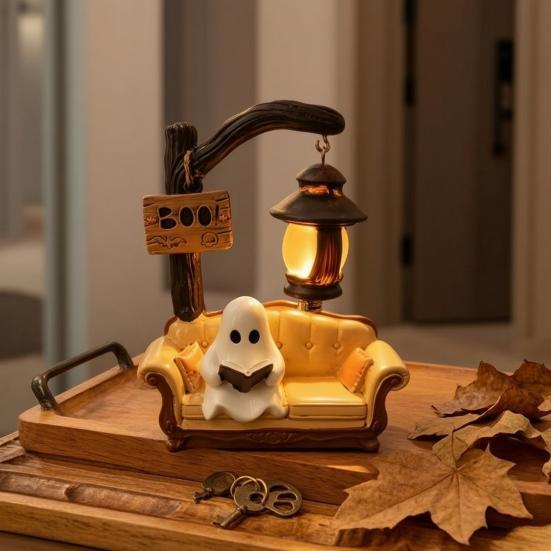 Vintage Style Home Office Ornament Halloween Ghost Reading Book Lamp, Cute Figurine Night Light with Book, Creative Indoor Seasonal Display
