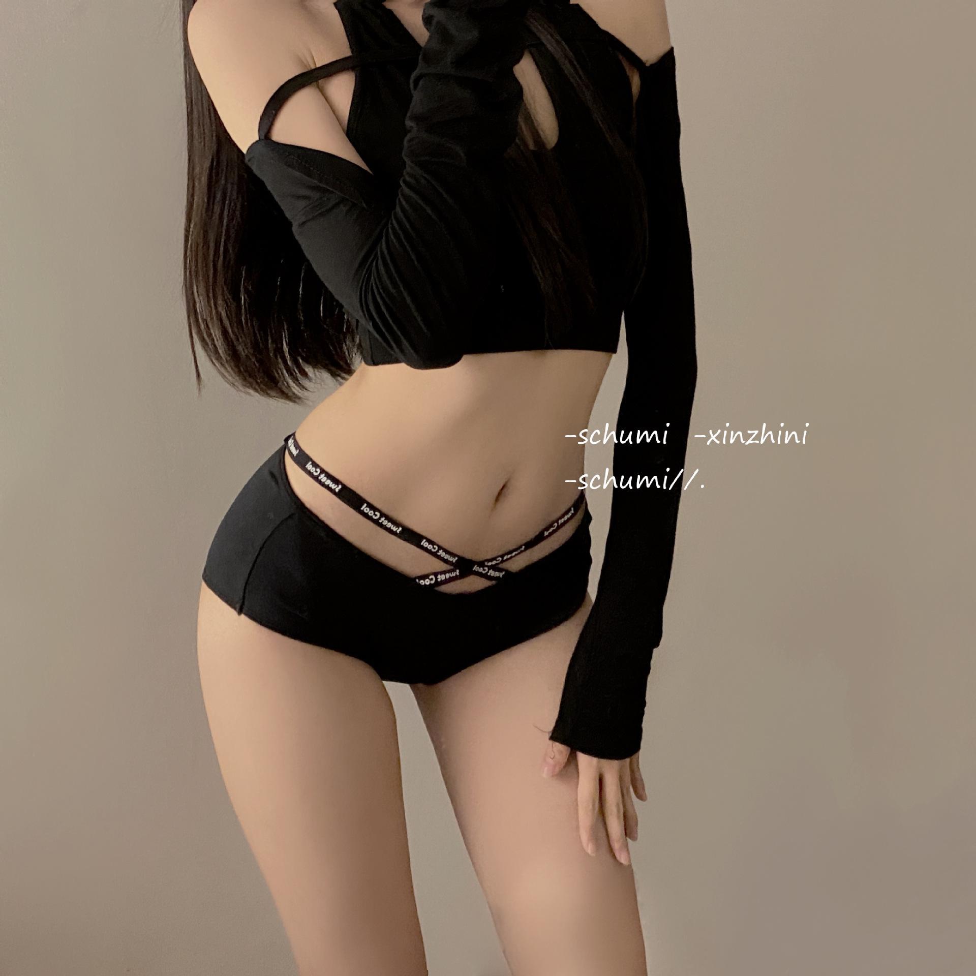 

Женские сексуальные хлопковые трусы с заниженной талией и перекрестными бретелями L (100-120 jin) чёрный