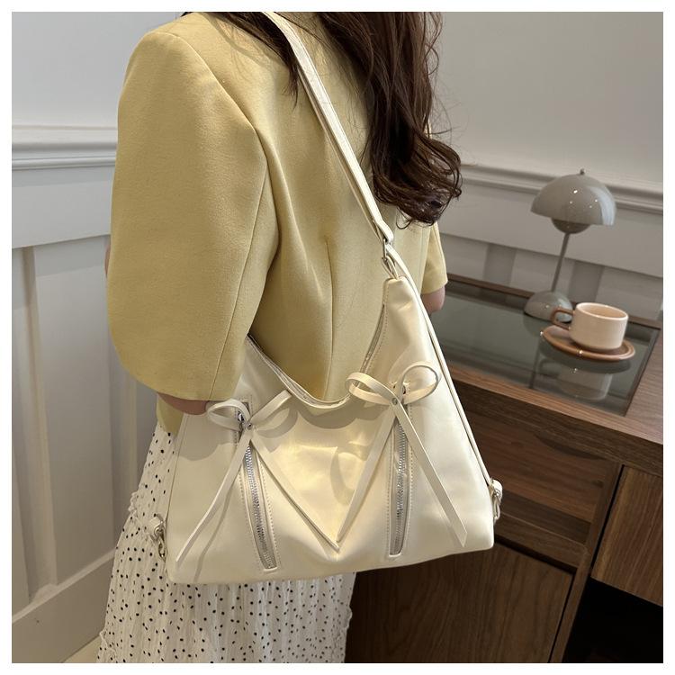 Korean Style Bowknot Faux Leather Bucket Bag for Women, Soft Single Shoulder Hobo Purse, Chic Casual Crossbody Handbag