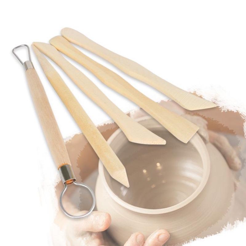 5-Piece Pottery & Polymer Clay Sculpting Tool Set with Wooden Knife
