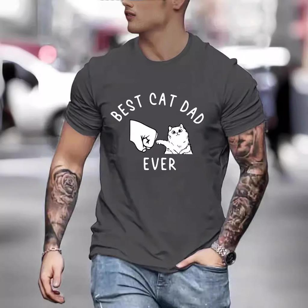 Summer Round Neck Funny Cat Pattern Printed Top Fashionable Casual Pure Cotton Short Sleeved Men's T-shirts