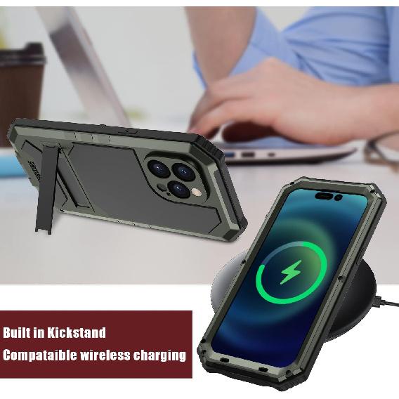 JGY iPhone 14 Pro Max IP68 Waterproof Case iPhone 14 Pro Max Military Metal Stand Case with Screen Protector Slim Full Cover Rugged Durable